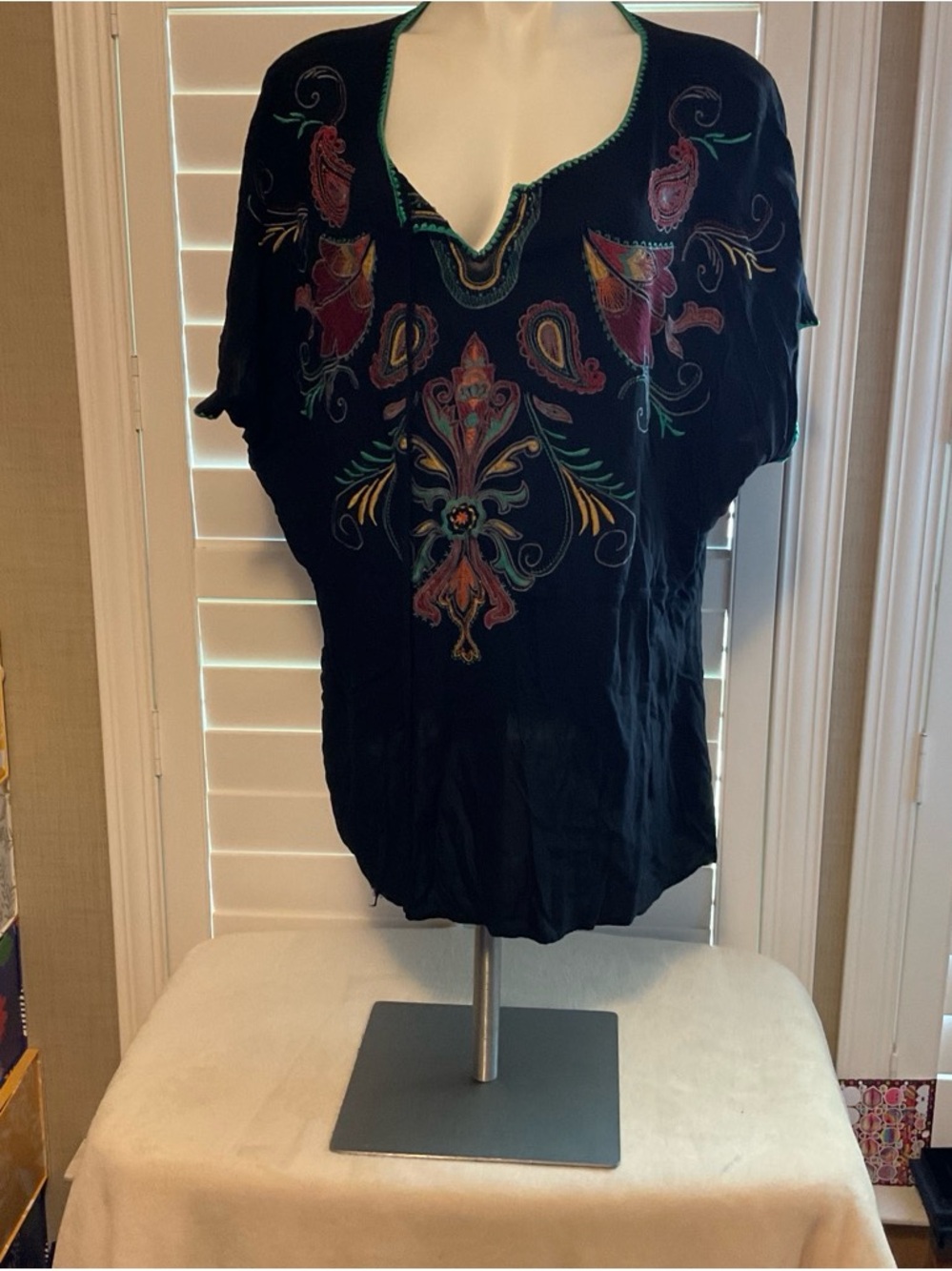 WD.NY Black V-Neck Tunic with Multicolor Paisley Embroidery